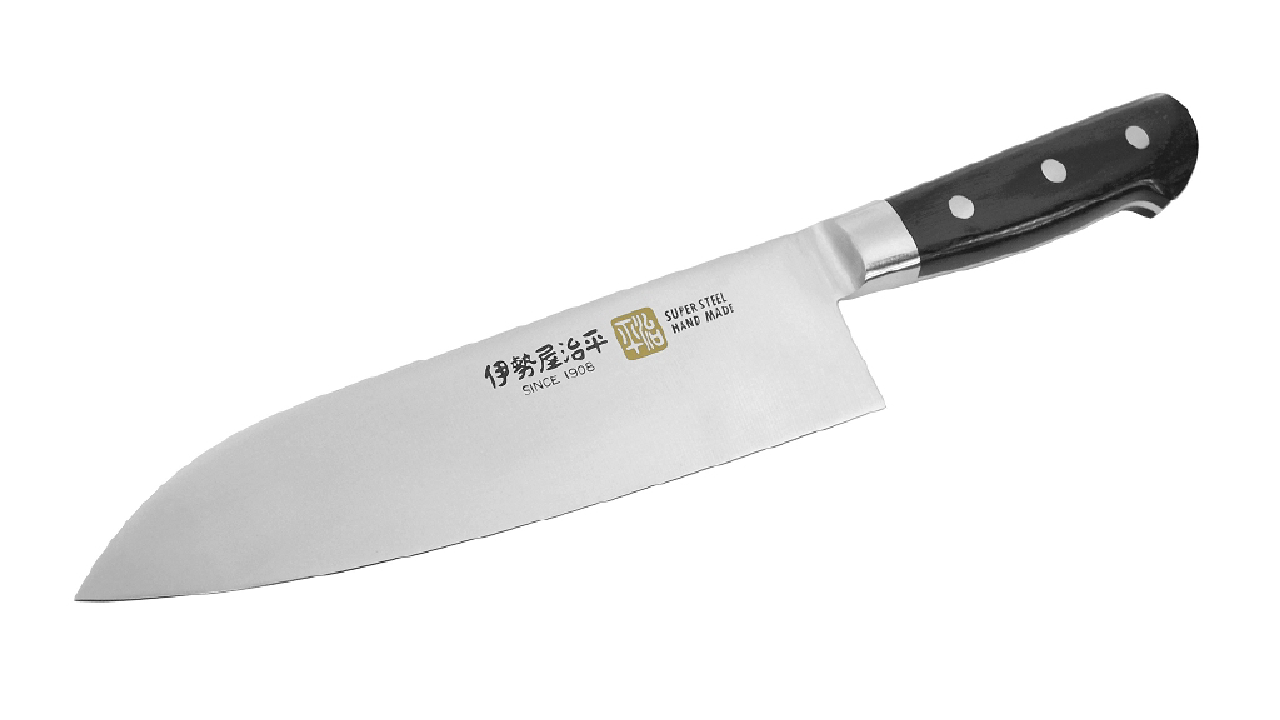 Japanese Iseya A Series Santoku knife with black triple-riveted handle and engraved kanji on stainless steel blade.