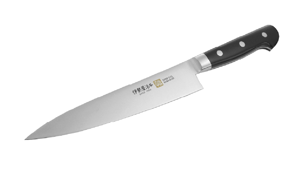 Japanese Iseya F Series Gyuto knife with black handle and engraved Iseya logo on polished stainless steel blade.