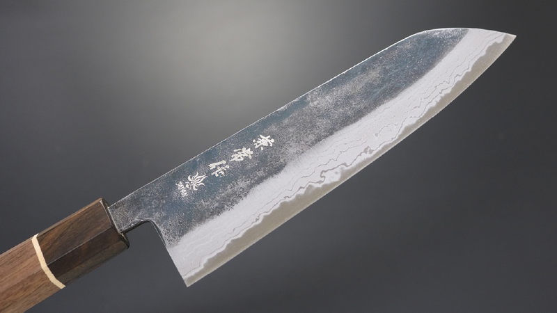 Seki Kanetsune Damascus steel knife with engraved kanji characters on the blade.