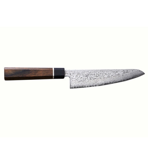Sleek Santoku knife with a wooden handle on a white background