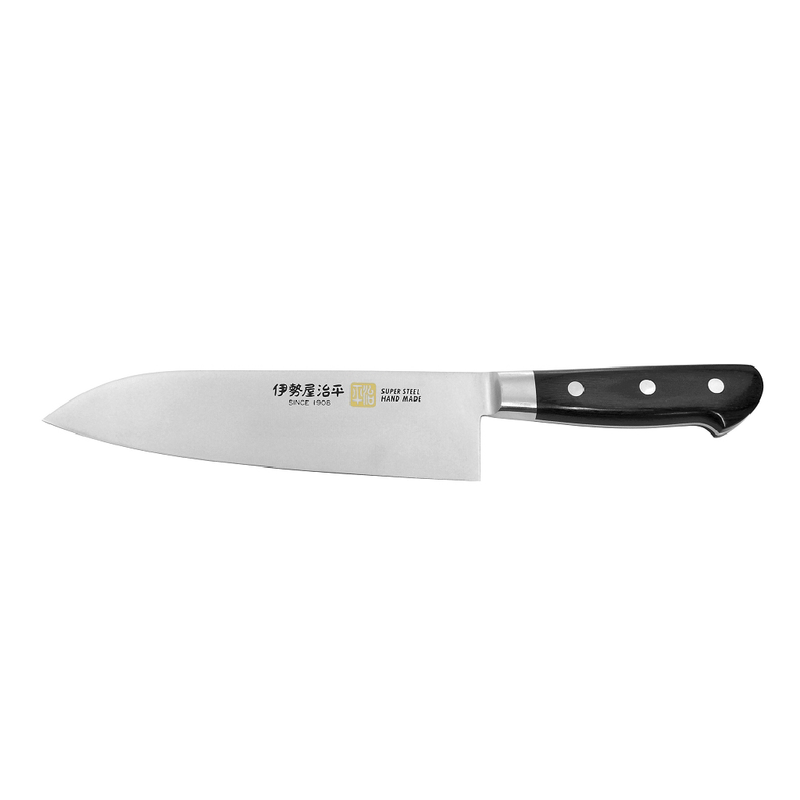 Chef's knife with a black handle on a white background