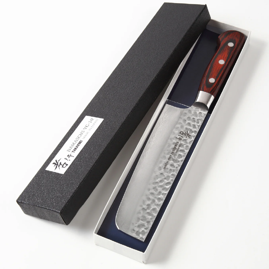 Nakiri knife with a handle in an open black and white box on a white background