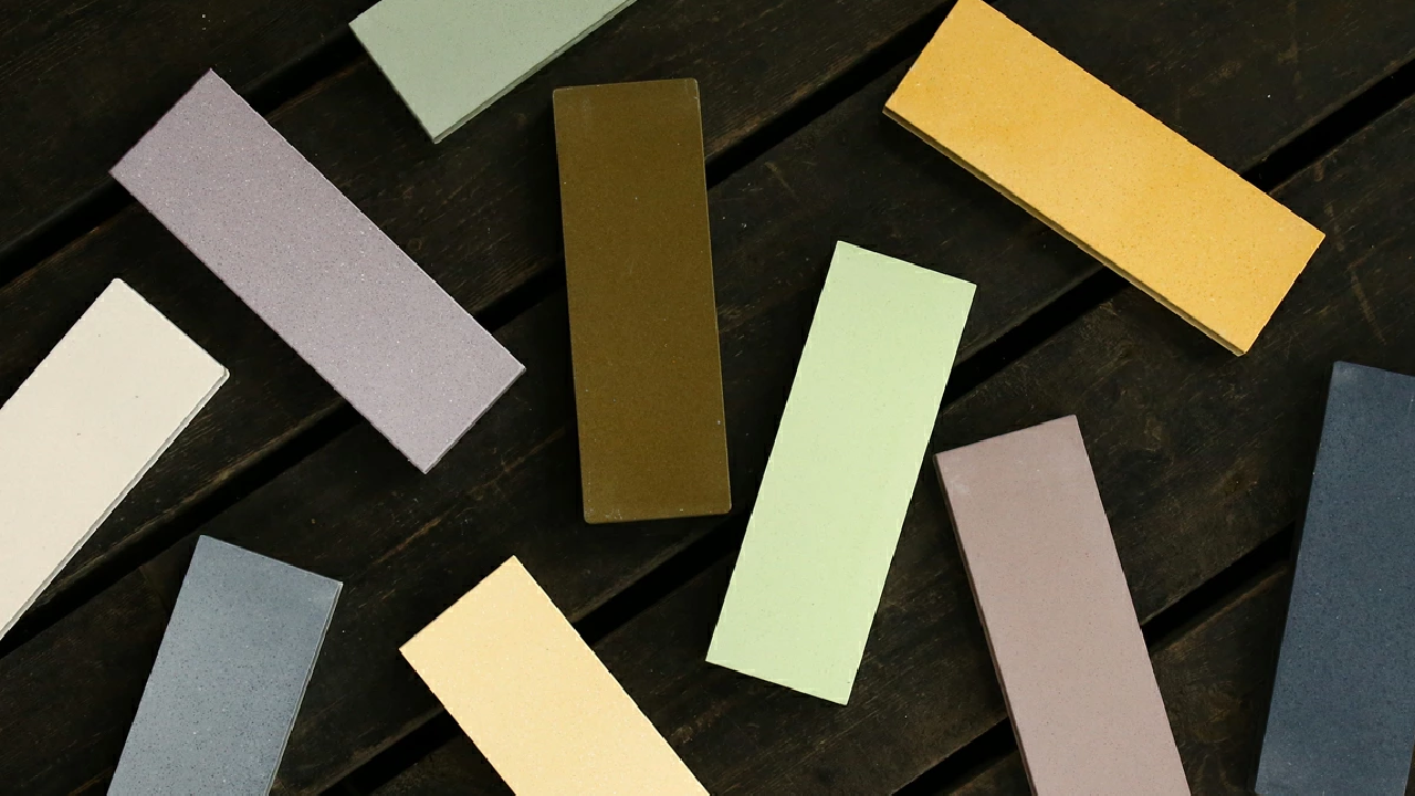 Assorted Shapton ceramic whetstones in various colors arranged on a dark wooden surface.
