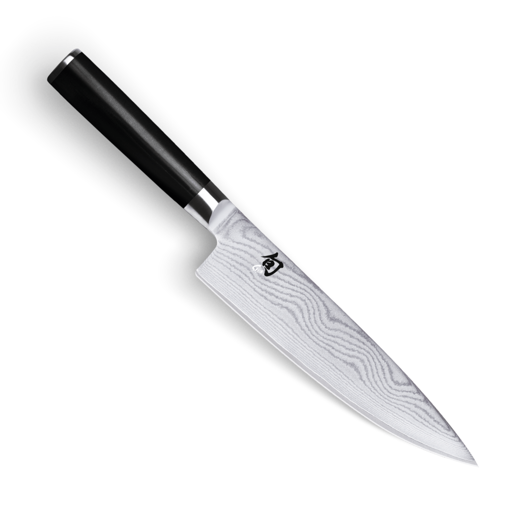 Chef's knife with a black handle on a white background